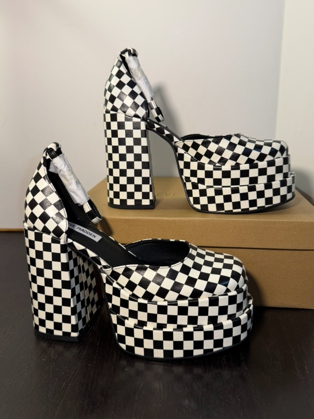 Steve Madden Charlize Platform Pumps Heels Black/White Checkered Womans 8.5M